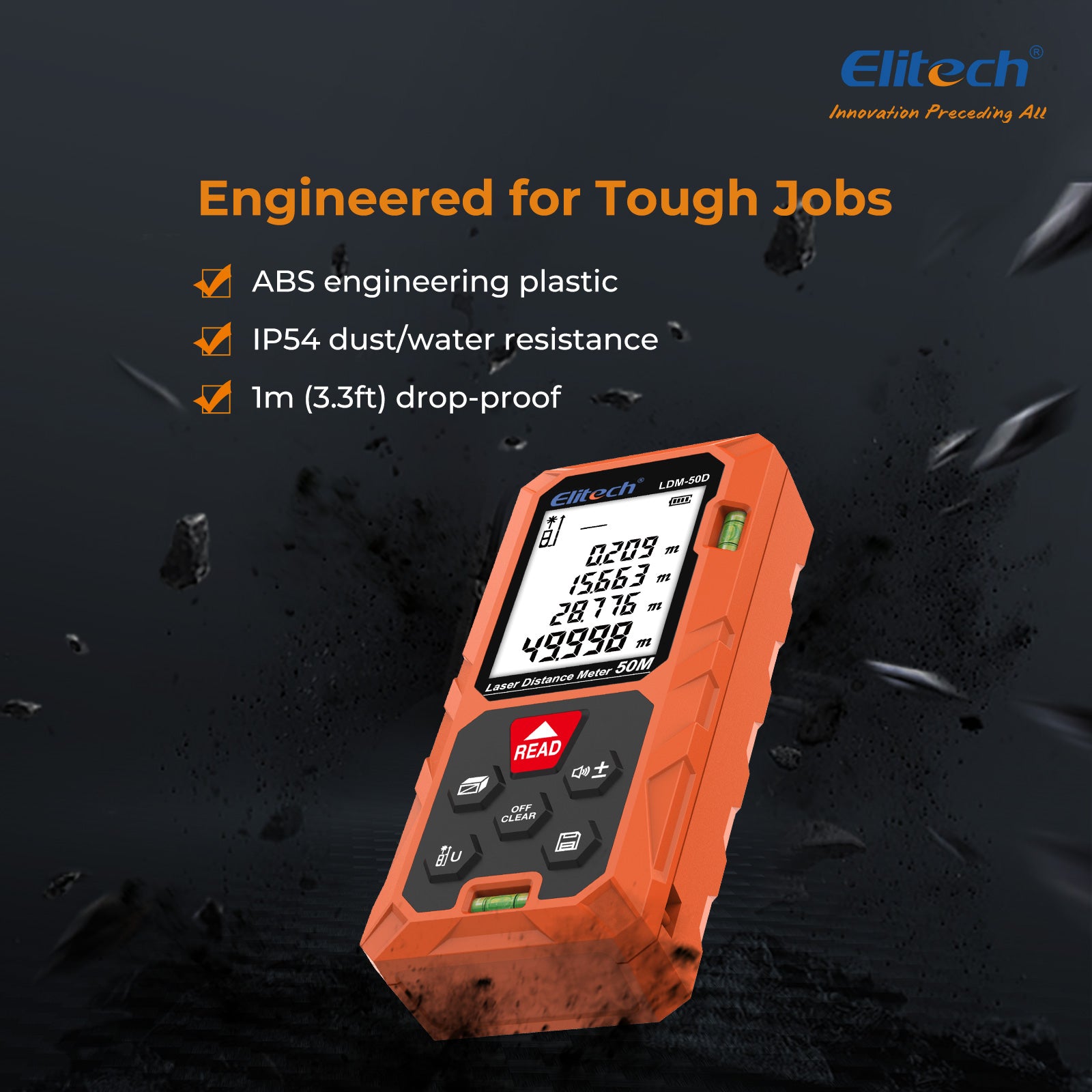 Elitech LDM-50D Laser Distance Meter 165ft, Digital Measure Tool with Area/Volume/Pythagoras Mode, Backlit LCD, 99 Data Records, ±2mm Accuracy, Ft/In/M Unit Switch, Ideal for Home DIY & Interior Design