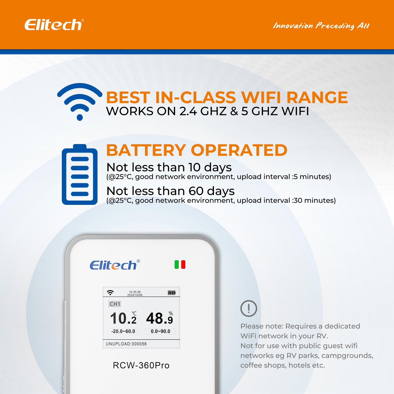 Elitech RCW-360Pro-iCold-WG-DC 4G Cellular & WiFi Temperature Humidity CO2 Sensor Data Logger 100000 Points, 2-Year Subscription Included, 24/7 Monitor, App/Email/Text/Sound Alerts, Cloud Storage, Monitor Anywhere, Anytime