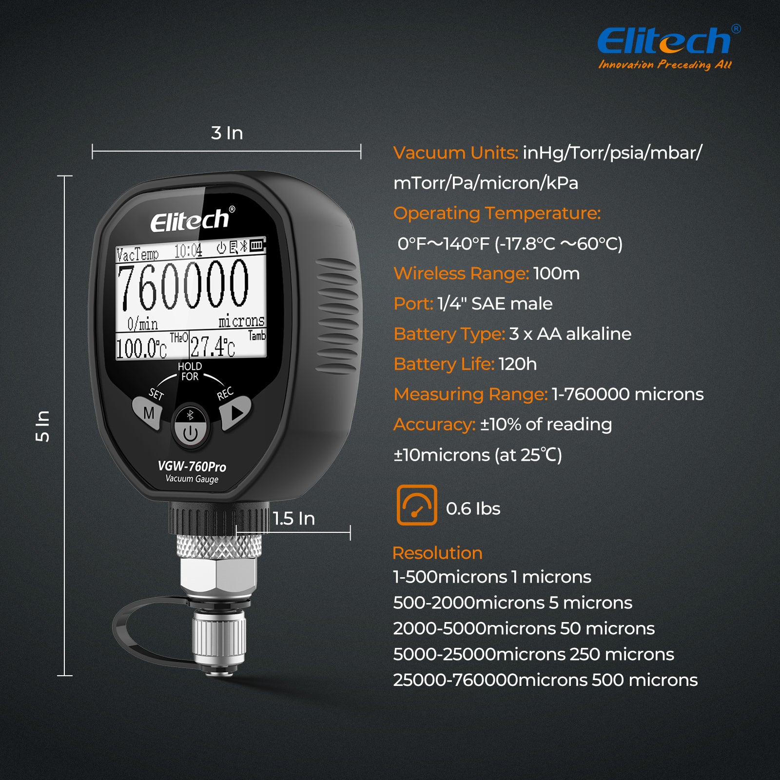 Elitech VGW-760Pro Full-Range Micron Gauge, Wireless Digital Vacuum Gauge with Adaptor Pressure Tester Meter HVAC, Alarms via APP, Offline Recording, 1/4