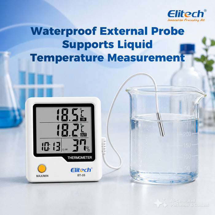 Elitech BT-3S Dual Channel Temperature Data Logger ±0.9℉ Accuracy, 4" Large LCD Display, Refrigerator Thermometer with External Probe for Liquid, Max/Min Recording, Wall Mount & Stand for Food Fridge Kitchen Lab
