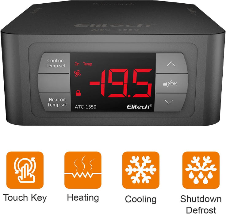 Elitech ATC-1550 Vorverkabelter digitaler Temperaturregler, Heiz-, Kühl- und Beleuchtungsausgang, Touch-Key-Thermostat