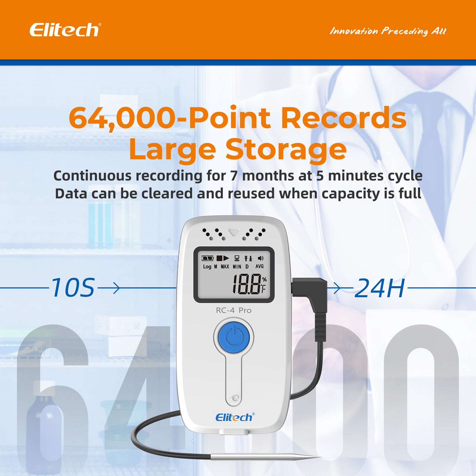 Elitech RC-4 Pro PDF USB Digital Temperature Data Logger Reuseable Recorder DDL 64000 Points High Accuracy, Shadow Data, Built-in Buzzer, Auto PDF CSV Report, Windows/MacOS Software