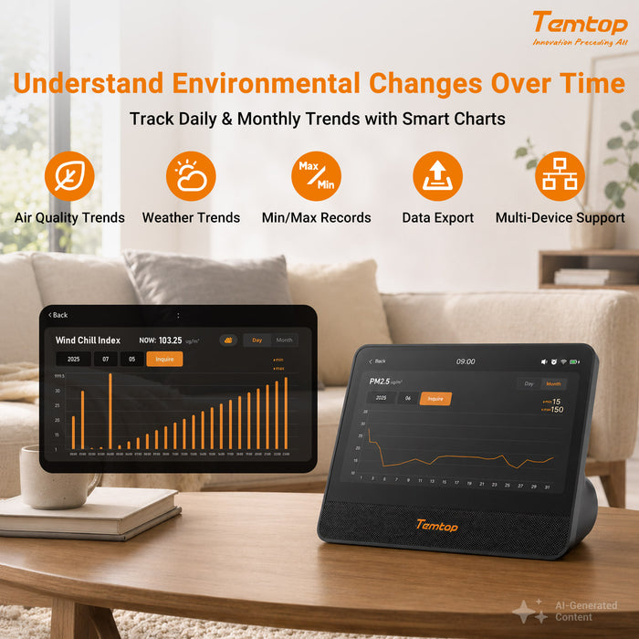 Temtop W100 WiFi Weather Station with Air Quality Monitor, 7" Touchscreen Indoor Outdoor Weather Station, PM2.5/PM10/CO2/TVOC Monitor, Rain Gauge, Wind Speed & Direction, UV, AQI Forecast