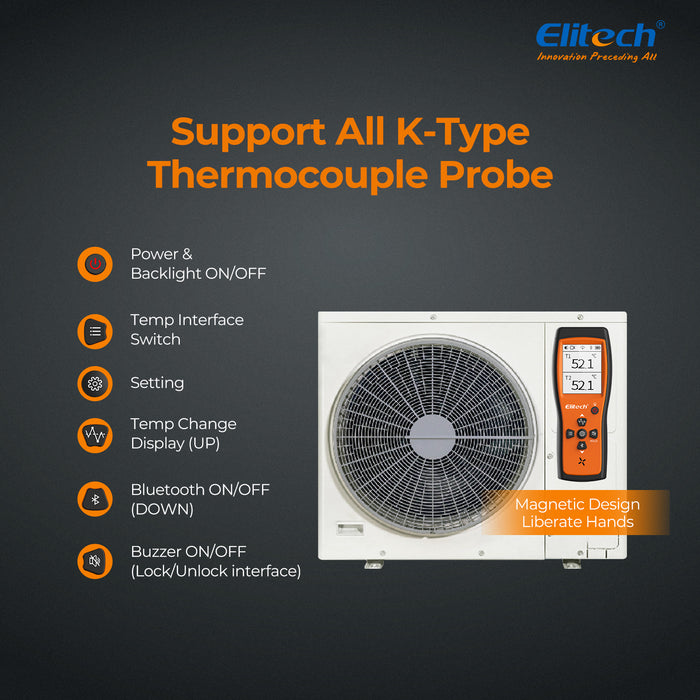 Elitech ICT-220 Termómetro de termopar dual - Sensor de temperatura tipo K de alta precisión con aplicación, respuesta rápida, adecuado para industrias de refrigeración, mantenimiento automotriz y bombas de calor