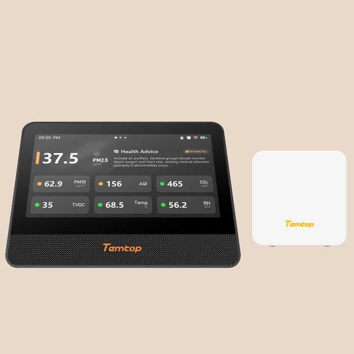 Monitor de calidad del aire WiFi Tempop M100 (2.ª generación) 7" Pantalla táctil para interiores: CO2, PM2.5, PM10, COVT, temperatura & Detector de humedad, analizador de aire inteligente para varias habitaciones con expansión LoRa
