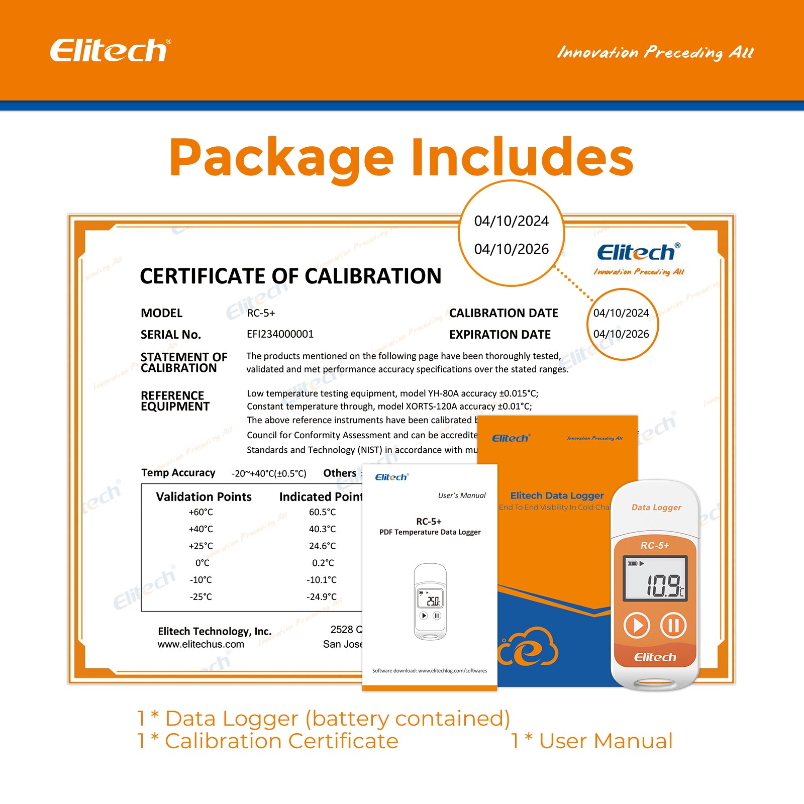 Elitech RC-5+ Temperature Data Logger, PDF USB Temperature Data Recorder, 32000 Points, with Calibration Certified