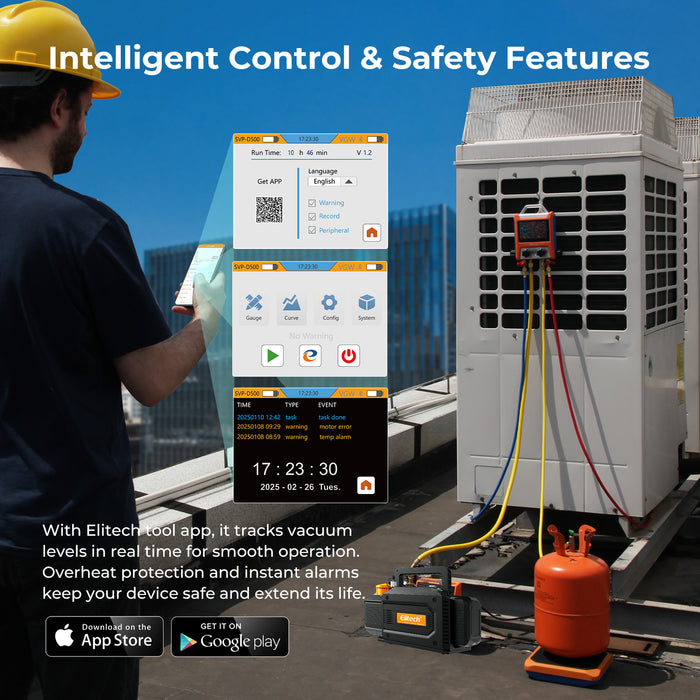 ELITech SVP-DC Bomba de vacío inalámbrica Smart A2L Compatible, bomba de vacío HVAC de 2 etapas, velocidad de bombeo de 1 l/s, presión extrema de 2pa, para HVAC/R