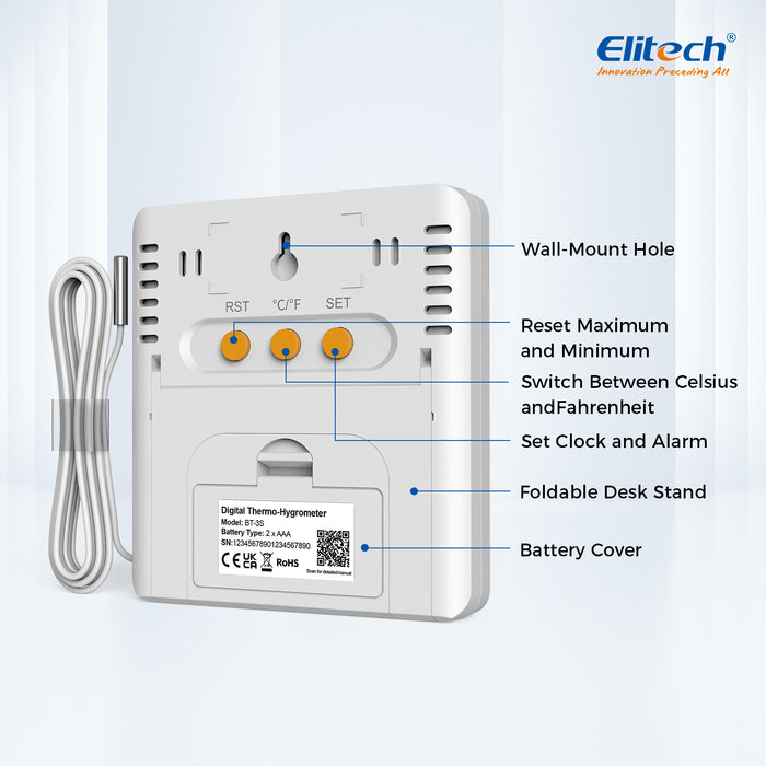 Elitech BT-3S Dual Channel Temperature Data Logger ±0.9℉ Accuracy, 4" Large LCD Display, Refrigerator Thermometer with External Probe for Liquid, Max/Min Recording, Wall Mount & Stand for Food Fridge Kitchen Lab