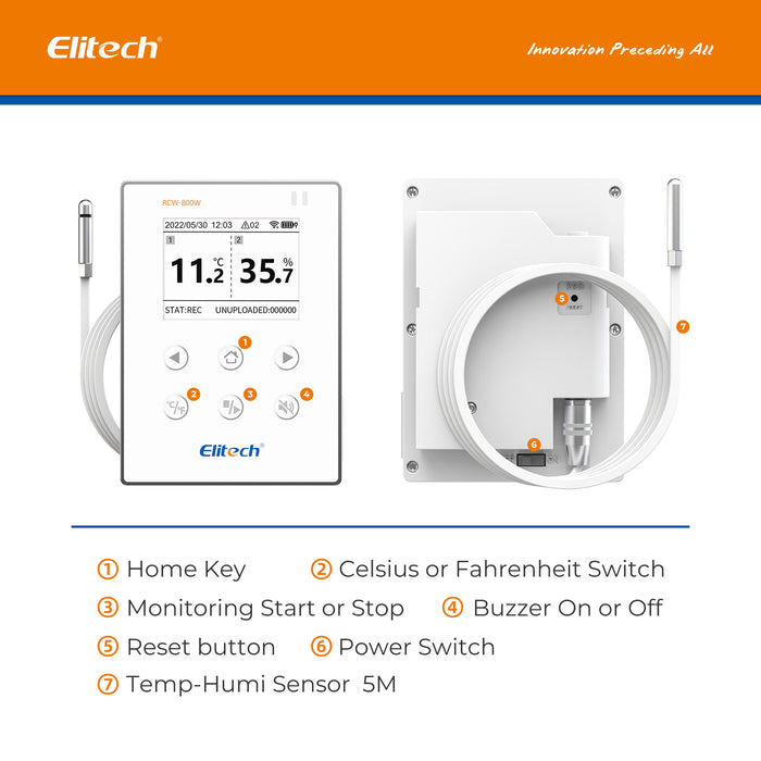 Registrador de datos inalámbrico de temperatura y humedad Elitech RCW-800W-THE, registrador de temperatura y humedad remoto WIFI para refrigerador