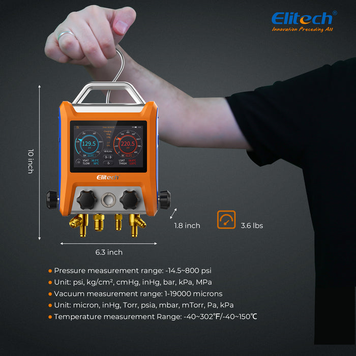 Elitech EMG-40VPRO Digital 4 Válvulas HVAC con mangueras de refrigerante, medidor de micrones de calibrador de vacío, abrazaderas de temperatura, actualización de OTA, control de aplicación inalámbrica