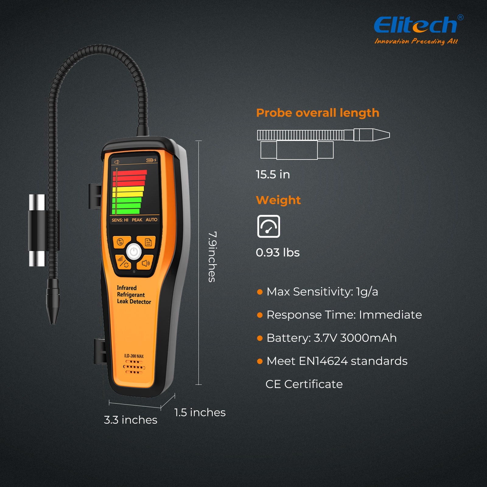 Elitech  ILD-200 MAX Infrared Refrigerant Leak Detector High-Precision HVAC/R Leak Detection, 10-Year Sensor Lifetime, 1g/a Ultra-Low Detection, 4 Sensitivity Levels, Rechargeable Battery, TFT Display & Sound Alarm