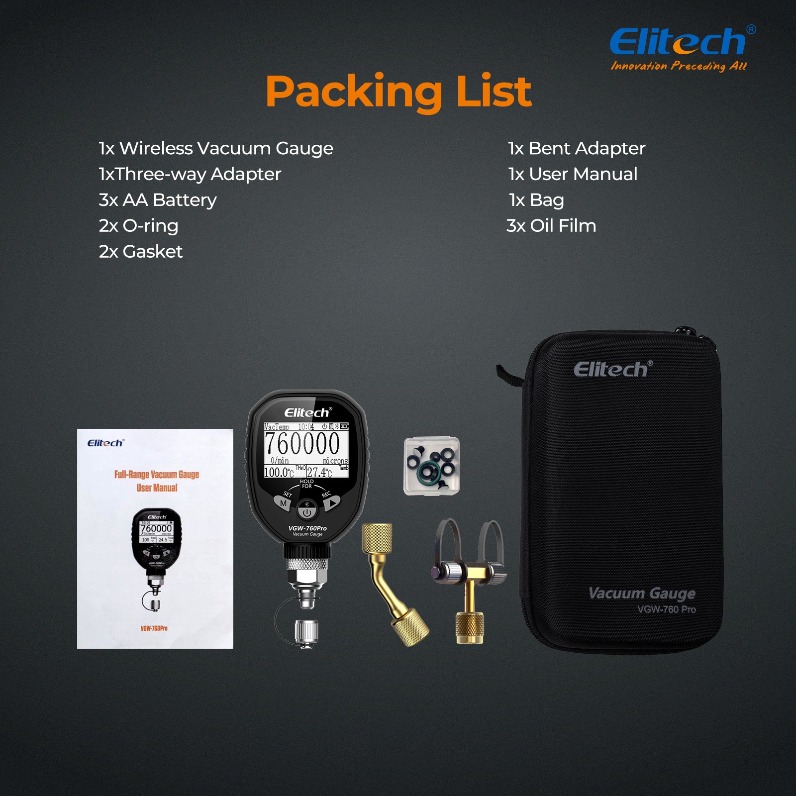 Elitech VGW-760Pro Full-Range Micron Gauge, Wireless Digital Vacuum Gauge with Adaptor Pressure Tester Meter HVAC, Alarms via APP, Offline Recording, 1/4