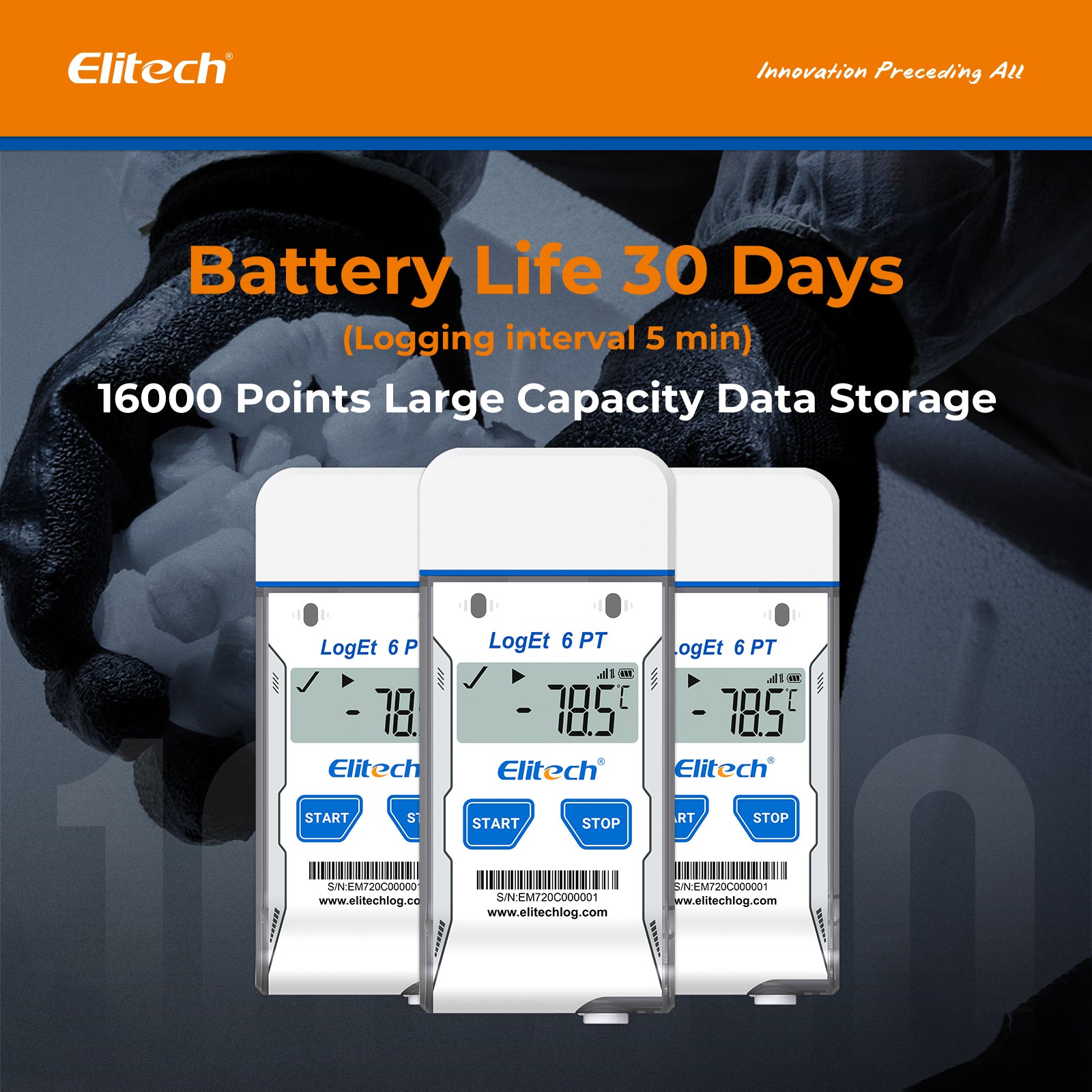 Elitech LogEt 6 PT Dry Ice Single-use USB Temperature Data Logger -85℃~50℃, 30 Days(Logging interval 5 min), 16000 Points, Shadow Data, PDF Report