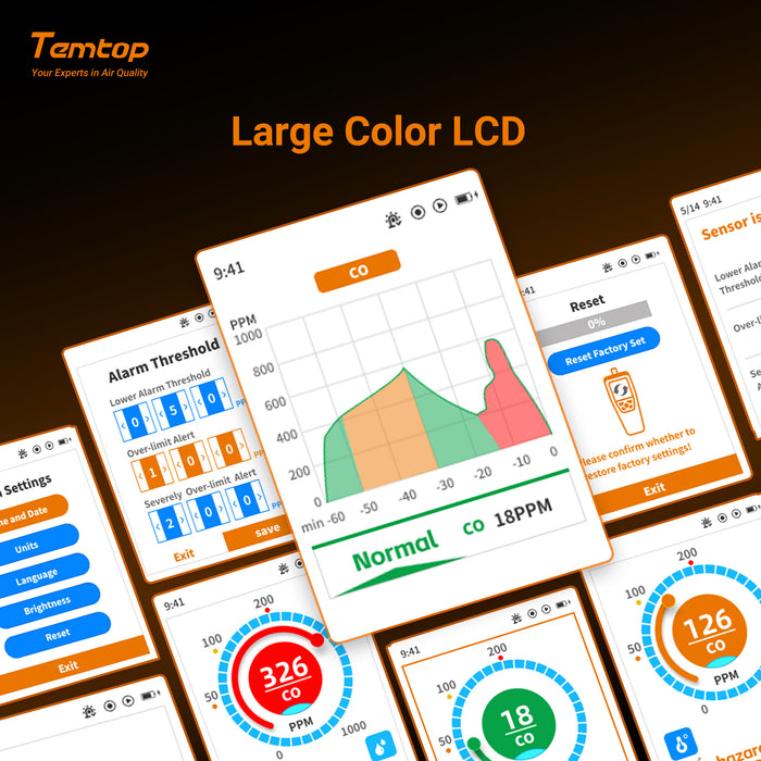 Detector CO portátil TEMTOP LKC-1000C con pantalla LCD TFT Color, exportación de datos USB, calibración y umbral de alarma ajustable