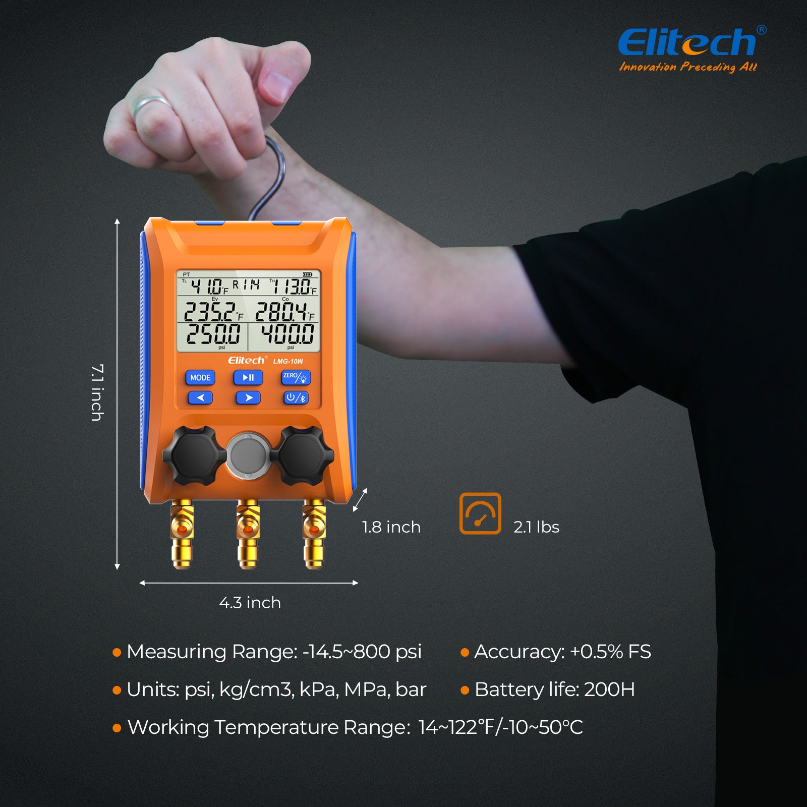 Elitech LMG-10W Refrigeration Heat Pump Digital Manifold Gauge Set 2-Way Valve AC Gauges App Control with Temperature Clamps
