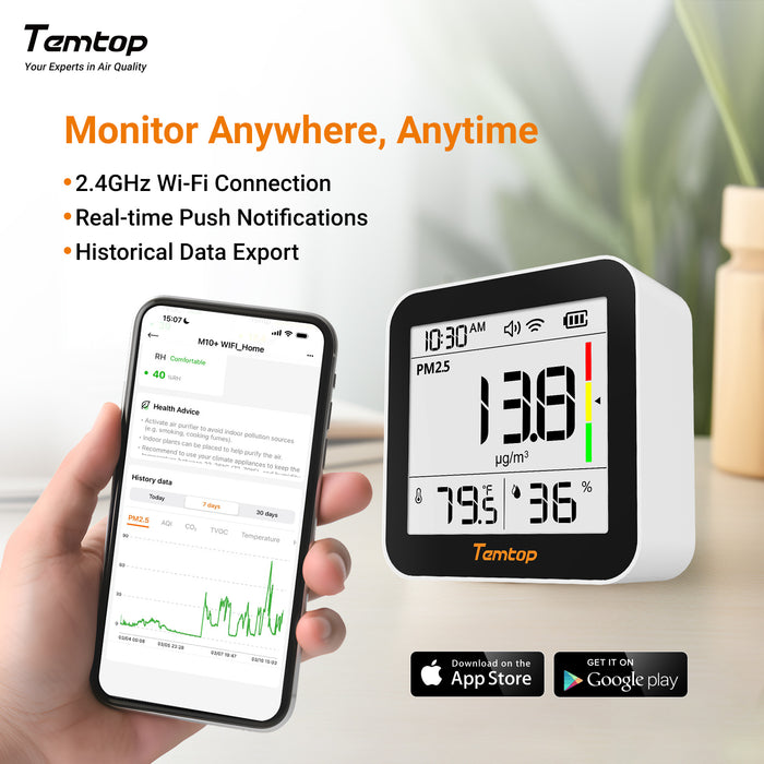 <tc>Moniteur de qualité de l'air Temtop M10+ WIFI, détecteur de CO2 rechargeable avec PM2.5, TVOC, AQI, température et humidité, appareil de mesure de la pollution intérieure 6 en 1 avec application, exportation des données et écran E-ink.</tc>