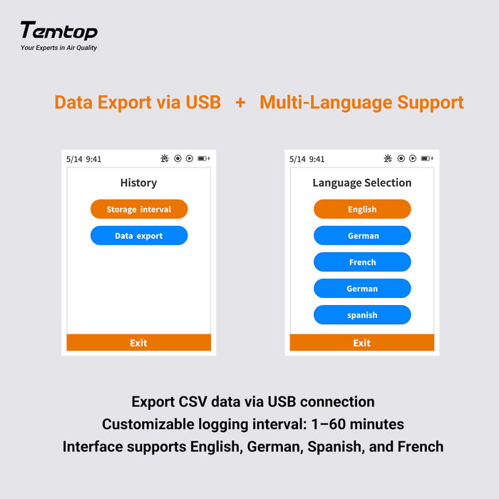 Detector CO portátil TEMTOP LKC-1000C con pantalla LCD TFT Color, exportación de datos USB, calibración y umbral de alarma ajustable