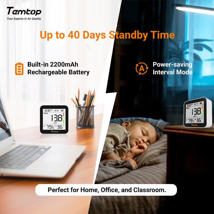<tc>Moniteur de qualité de l'air Temtop M10+ WIFI, détecteur de CO2 rechargeable avec PM2.5, TVOC, AQI, température et humidité, appareil de mesure de la pollution intérieure 6 en 1 avec application, exportation des données et écran E-ink.</tc>
