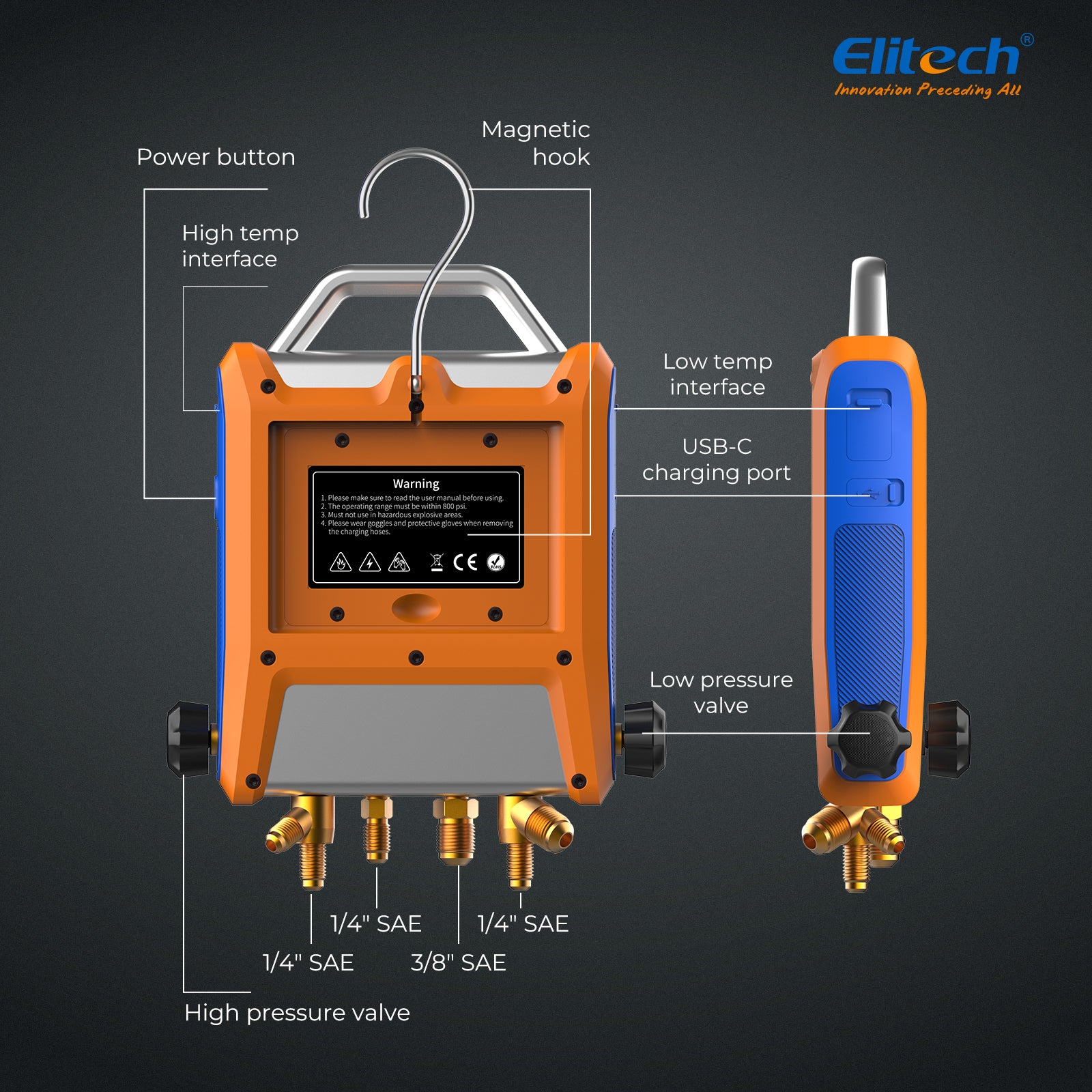 Elitech EMG-40VPro Digital 4 Valve Manifold Gauge HVAC with Refrigerant Hoses, Vacuum Gauge Micron Gauge, Temperature Clamps, OTA Upgrade, Wireless APP Control