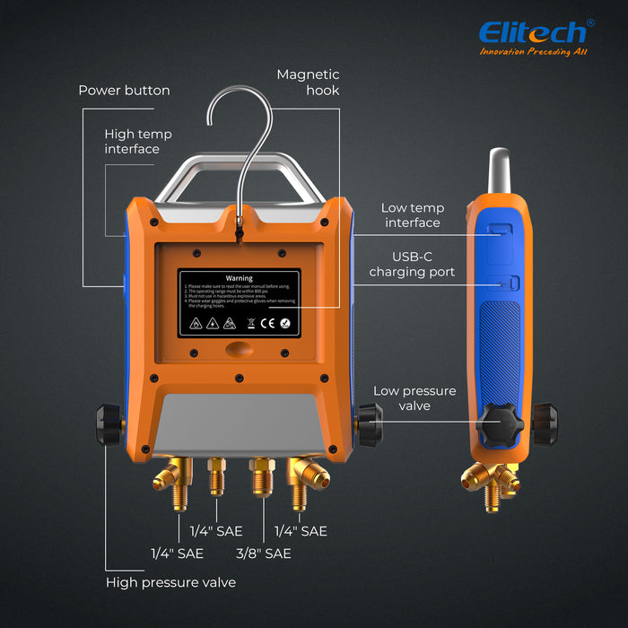 Elitech EMG-40VPRO Digital 4 Válvulas HVAC con mangueras de refrigerante, medidor de micrones de calibrador de vacío, abrazaderas de temperatura, actualización de OTA, control de aplicación inalámbrica