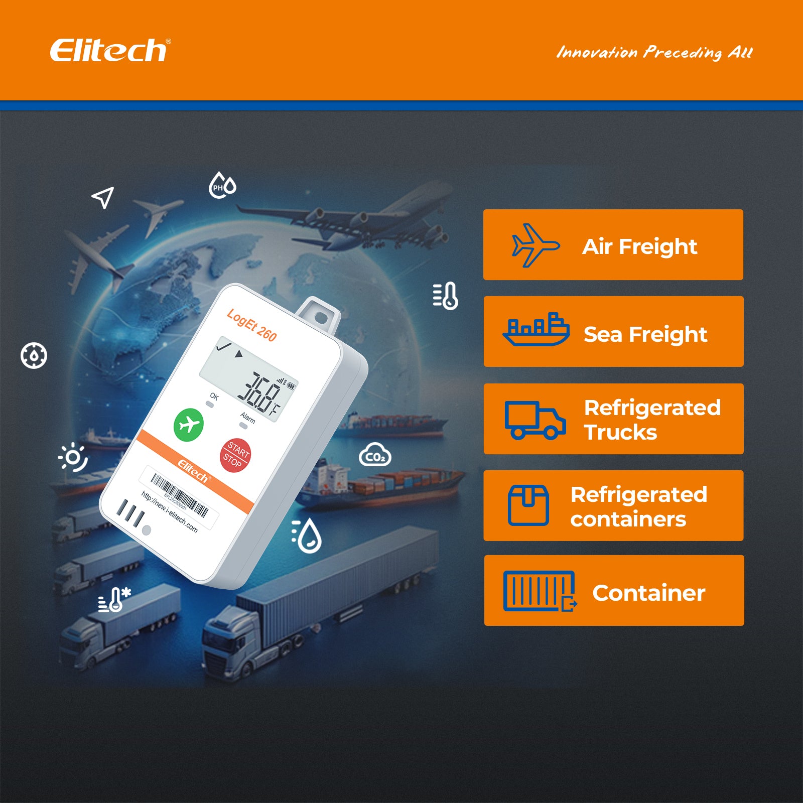 Elitech Loget 260-TH 4G Reusable Real-time Temperature & Humidity Data Logger Light/Shock/Location, Built-in SIM Card, 100000 Points