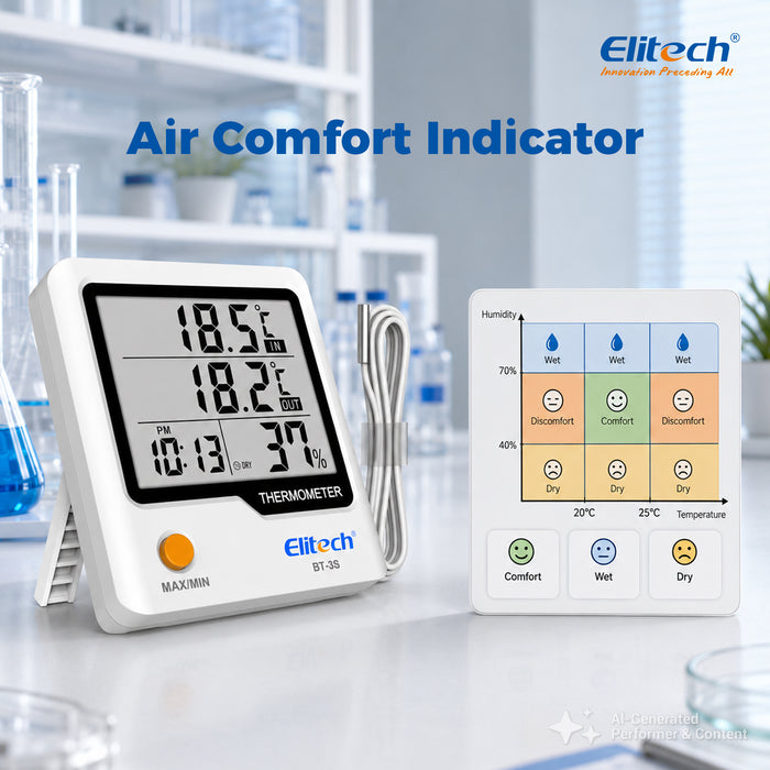 Elitech BT-3S Dual Channel Temperature Data Logger ±0.9℉ Accuracy, 4" Large LCD Display, Refrigerator Thermometer with External Probe for Liquid, Max/Min Recording, Wall Mount & Stand for Food Fridge Kitchen Lab