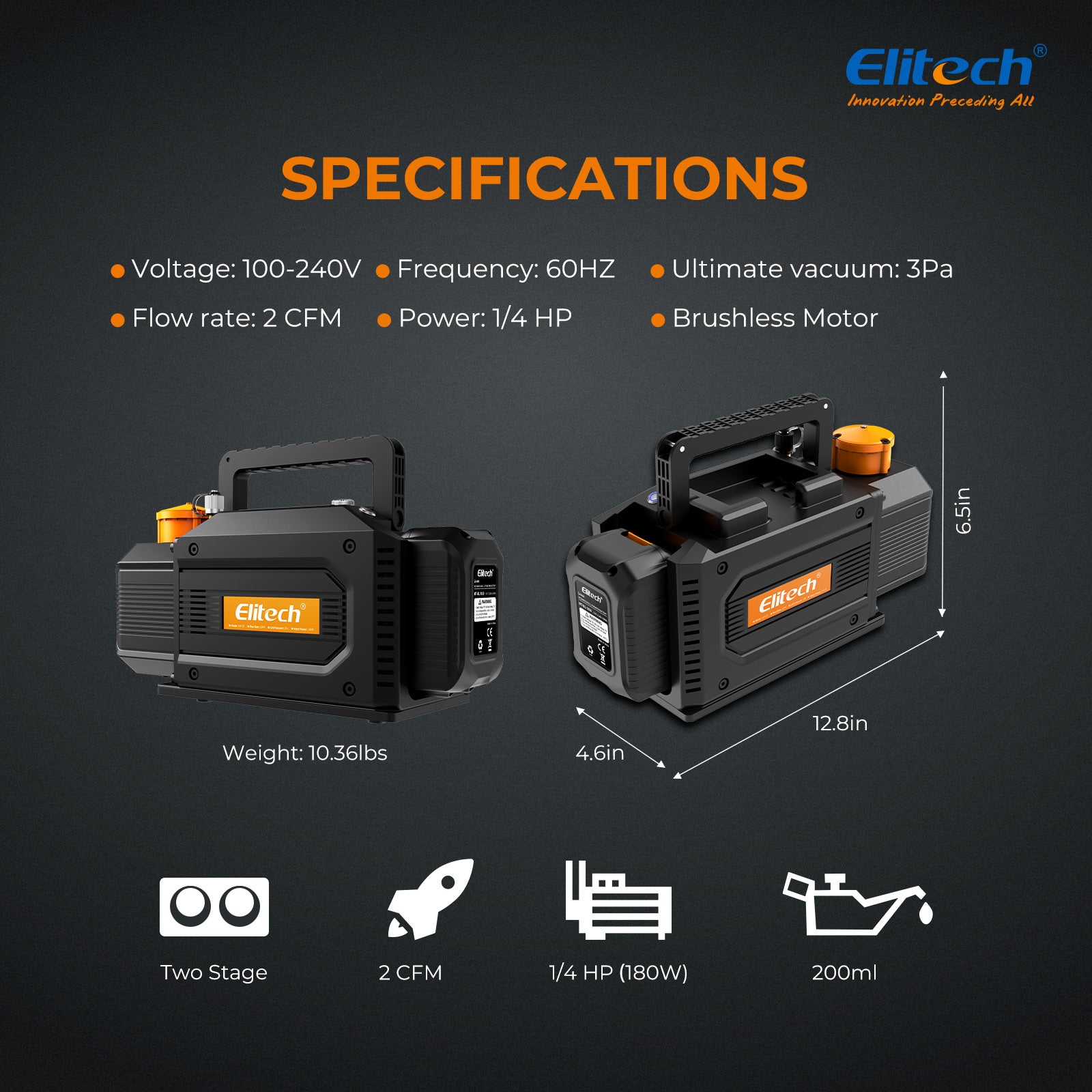 Elitech SVP-DC Smart Cordless Vacuum Pump A2L Compatible , 2-Stage HVAC Vacuum Pump, 1 L/s Pumping Rate, 2Pa Extreme Pressure, for HVAC/R