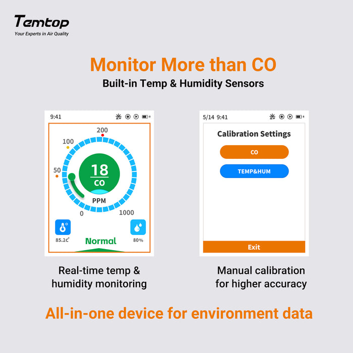 Detector CO portátil TEMTOP LKC-1000C con pantalla LCD TFT Color, exportación de datos USB, calibración y umbral de alarma ajustable