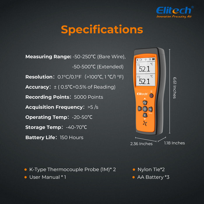 Elitech ICT-220 Thermomètre à double thermocouple – Capteur de température de type K de haute précision avec application, réponse rapide, adapté aux industries de la réfrigération, de l'entretien automobile et des pompes à chaleur