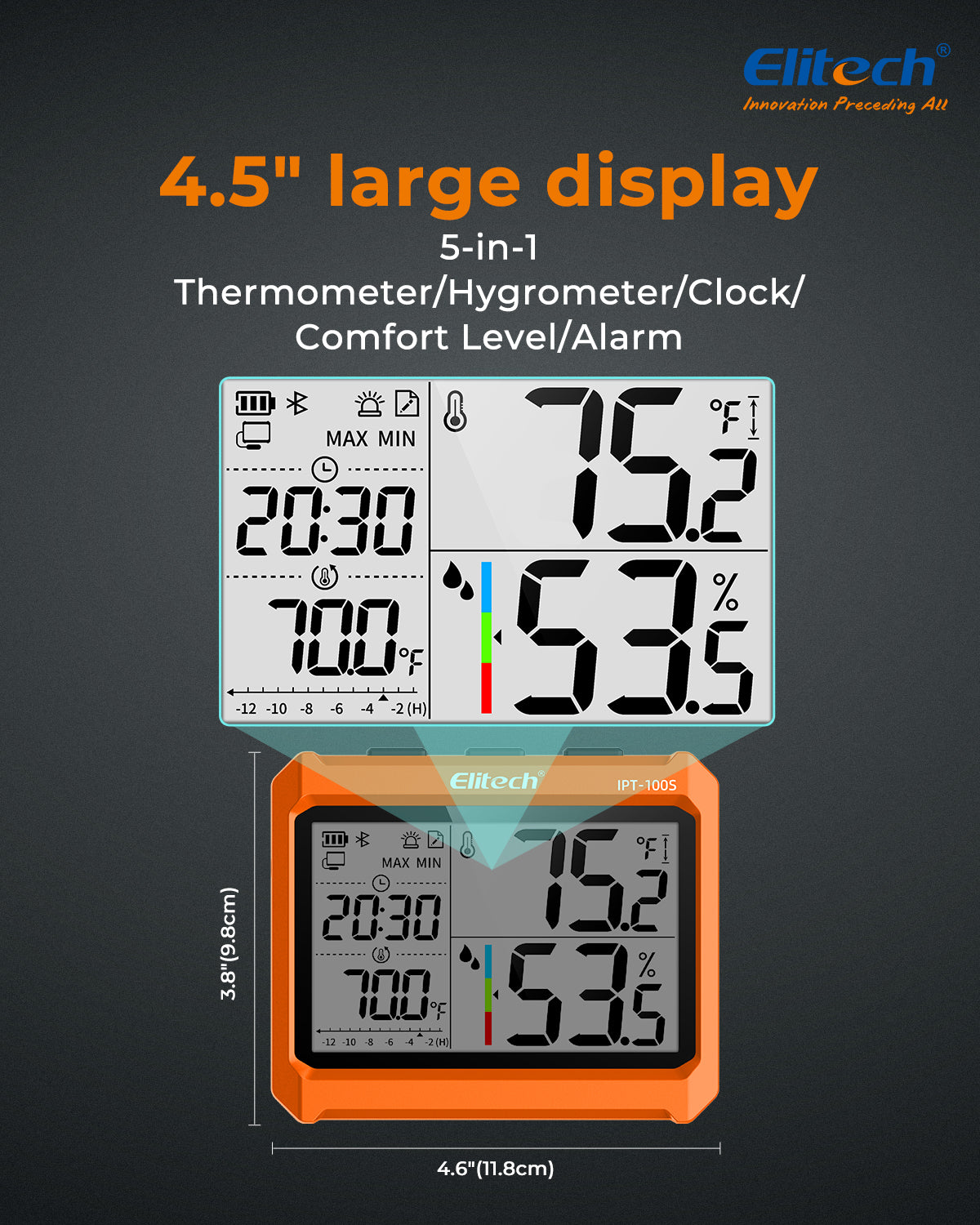 Elitech IPT-100S Digital Thermometer Hygrometer, Refrigerator Thermometer with External Temperature Probe, Free Data Storage Export, 5000 Points