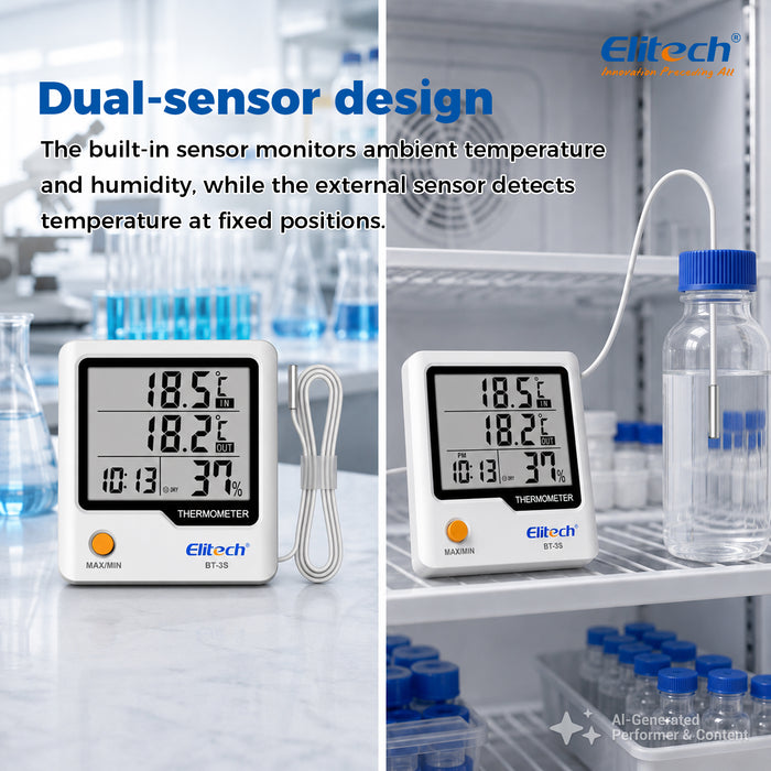 Elitech BT-3S Dual Channel Temperature Data Logger ±0.9℉ Accuracy, 4" Large LCD Display, Refrigerator Thermometer with External Probe for Liquid, Max/Min Recording, Wall Mount & Stand for Food Fridge Kitchen Lab