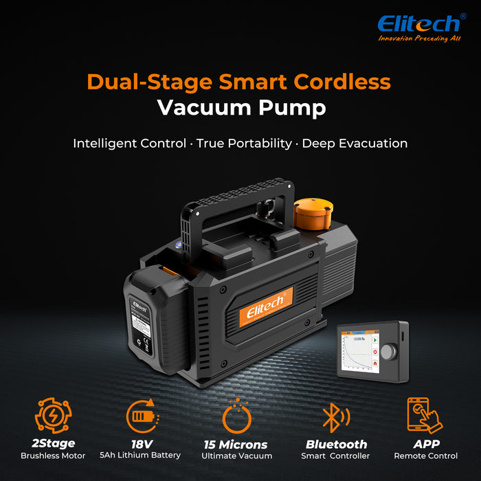 Elitech SVP-DC-PRO Smart Cordsless Vacuum Pump A2L compatible, pompe à vide HVAC en 2 étapes avec contrôleur Bluetooth, taux de pompage 1 l/s, pression extrême 2PA, pour HVAC/R