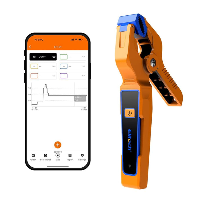 <tc>Thermomètre à pince de température sans fil Elitech IPT-01 de type T, haute précision, enregistrement des données et surveillance à distance, sonde de température CVC avec Bluetooth et application.</tc>
