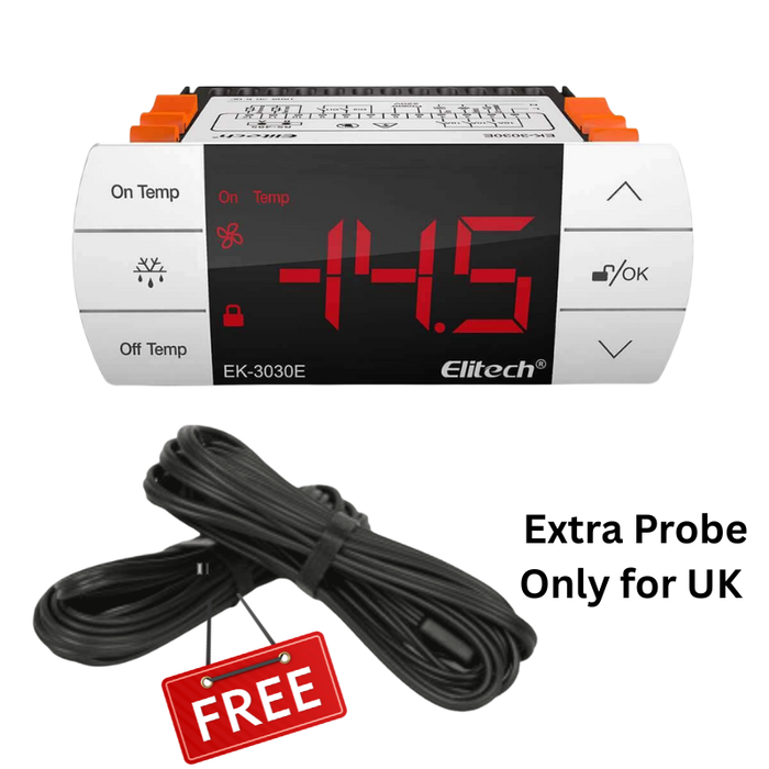 Controlador de temperatura digital Elitech EK-3030E, refrigeración, descongelación y salidas de control de ventilador con sensor de sonda de temperatura y descongelación, interfaz RS-485, tecla táctil