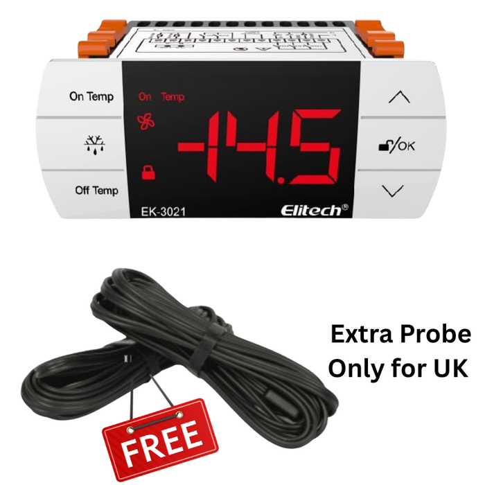 Elitech EK-3021 Two-way Output Digital Temperature Controller Refrigeration System with Defrost Mode, With Temperatue Sensor and Evaporator Defrost Sensor, Touch-Key