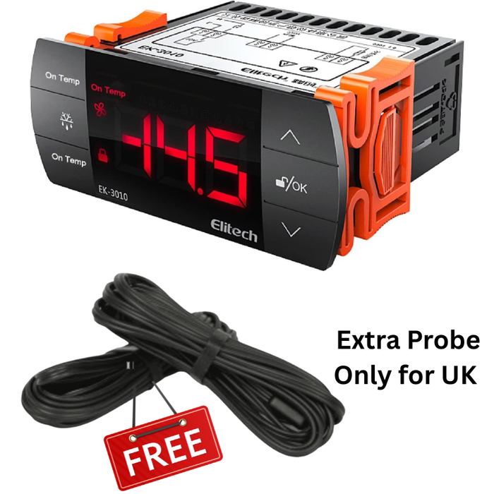 Controlador de temperatura digital Elitech EK-3010, modo de calefacción o refrigeración de salida de control unidireccional, tecla táctil con sensor de sonda de temperatura