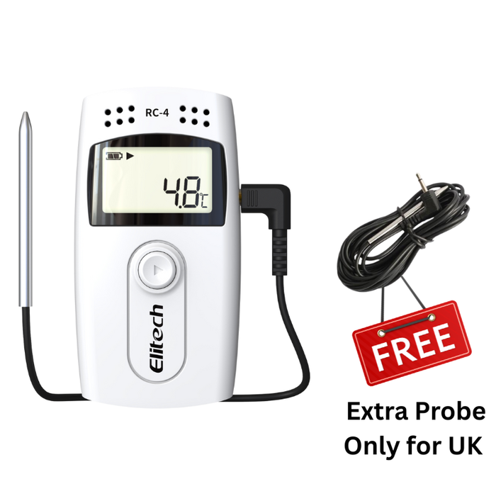 Registrador de datos de temperatura Elitech, RC-4 Grabador USB con sensores dobles Pantalla LCD Zumbador Alarma 16000 Lecturas