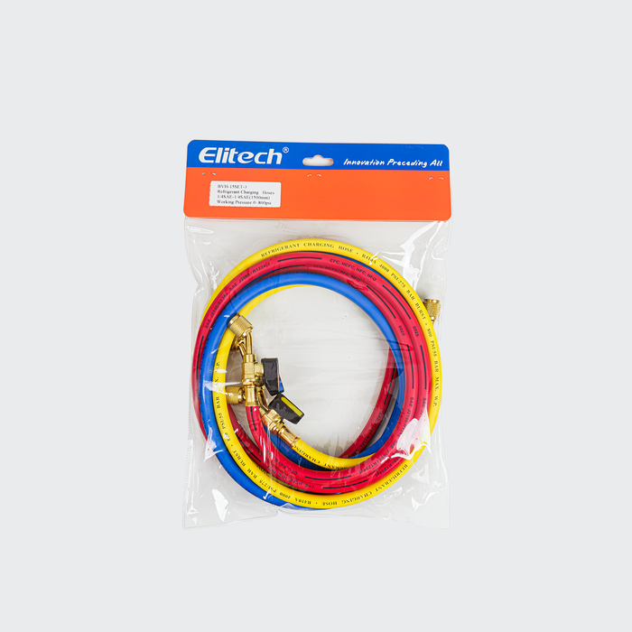 Elitech BVH-15SET-3 1/4" Mangueras de carga de refrigerante con válvula de bola, 60", 800 PSI, para sistemas de refrigerante R134A, R410A, R22 y R12