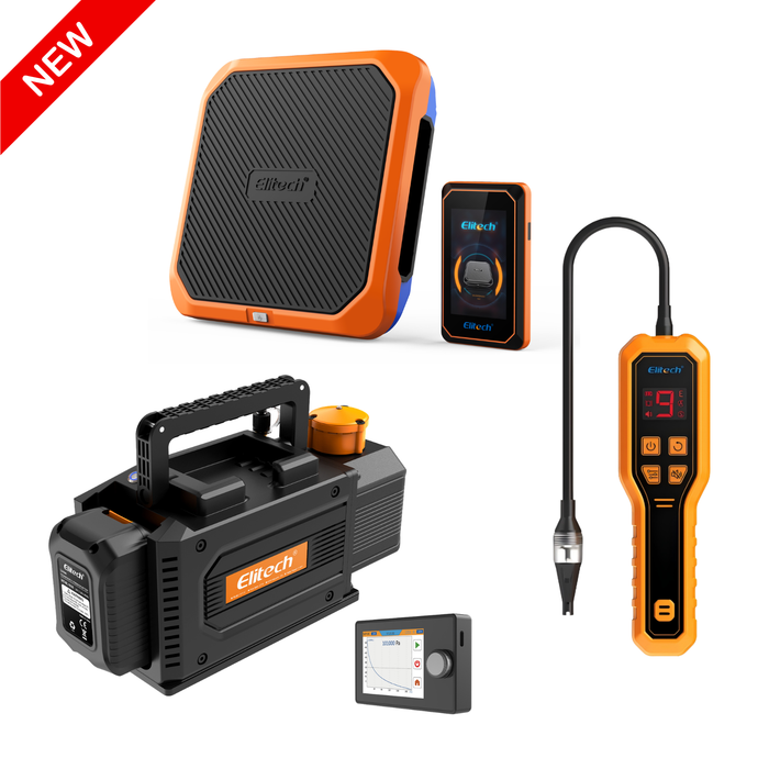 Elitech HVAC-Werkzeugset – Kältemittel-Lecksucher ELD-270, Kältemittelwaage SRL-100 und intelligente Akku-Vakuumpumpe SVP-DC-pro, kompatibel mit A2L