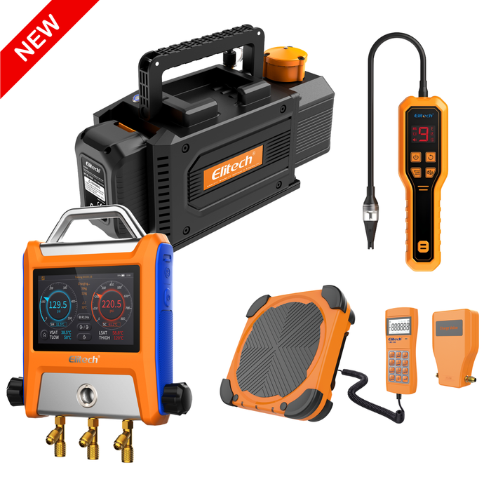 Juego de herramientas Elitech HVAC - Detector de fugas de refrigerante ELD-210 & Báscula de refrigerante LMC-310 & Manómetro inteligente EMG-20V & Bomba de vacío inalámbrica inteligente SVP-DC Compatible con A2L