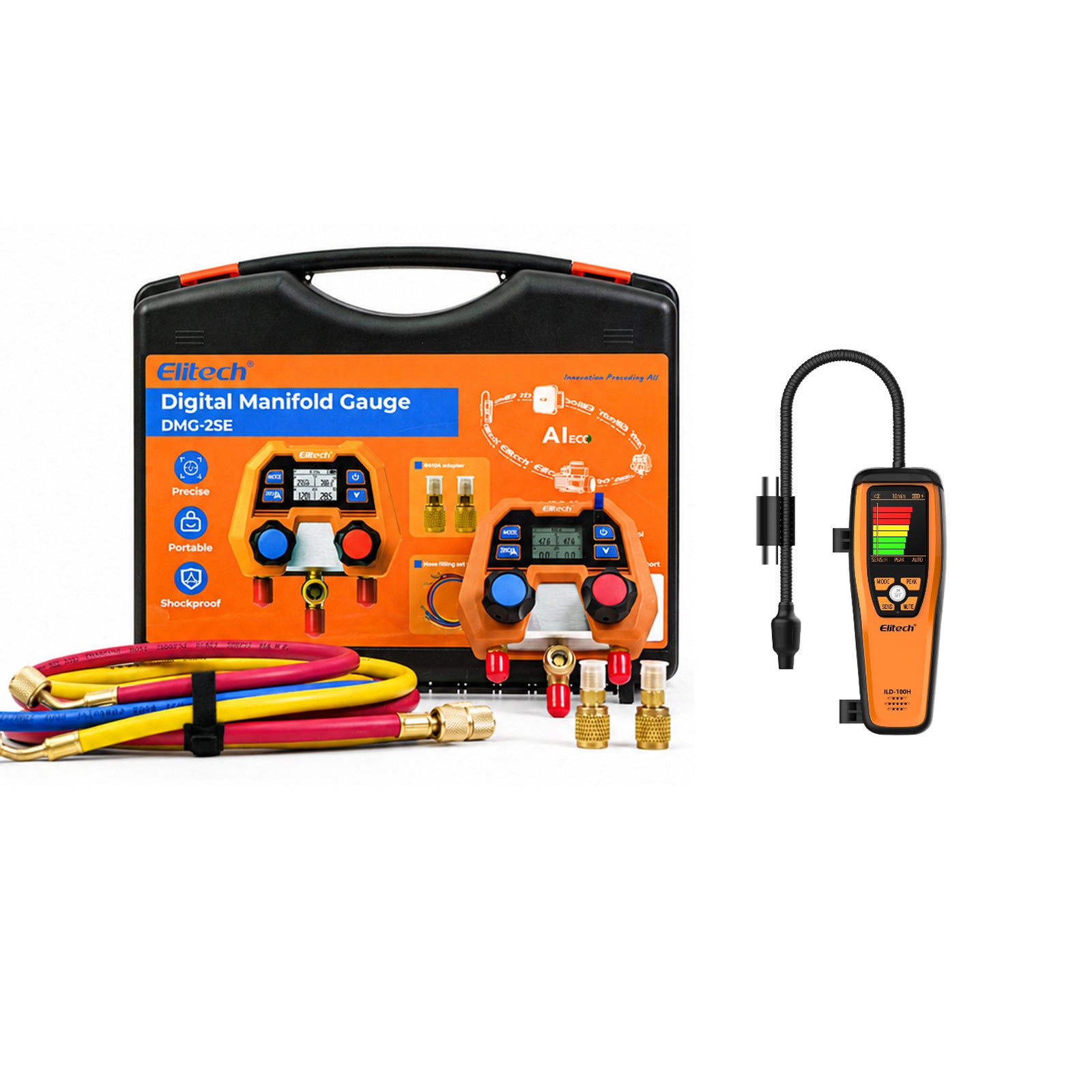 Elitech DMG-2SE-kit & ILD-100H Digital Manifold Gauge & Heated Diode Refrigerant Leak Detector, for HVAC & Automotive A/C