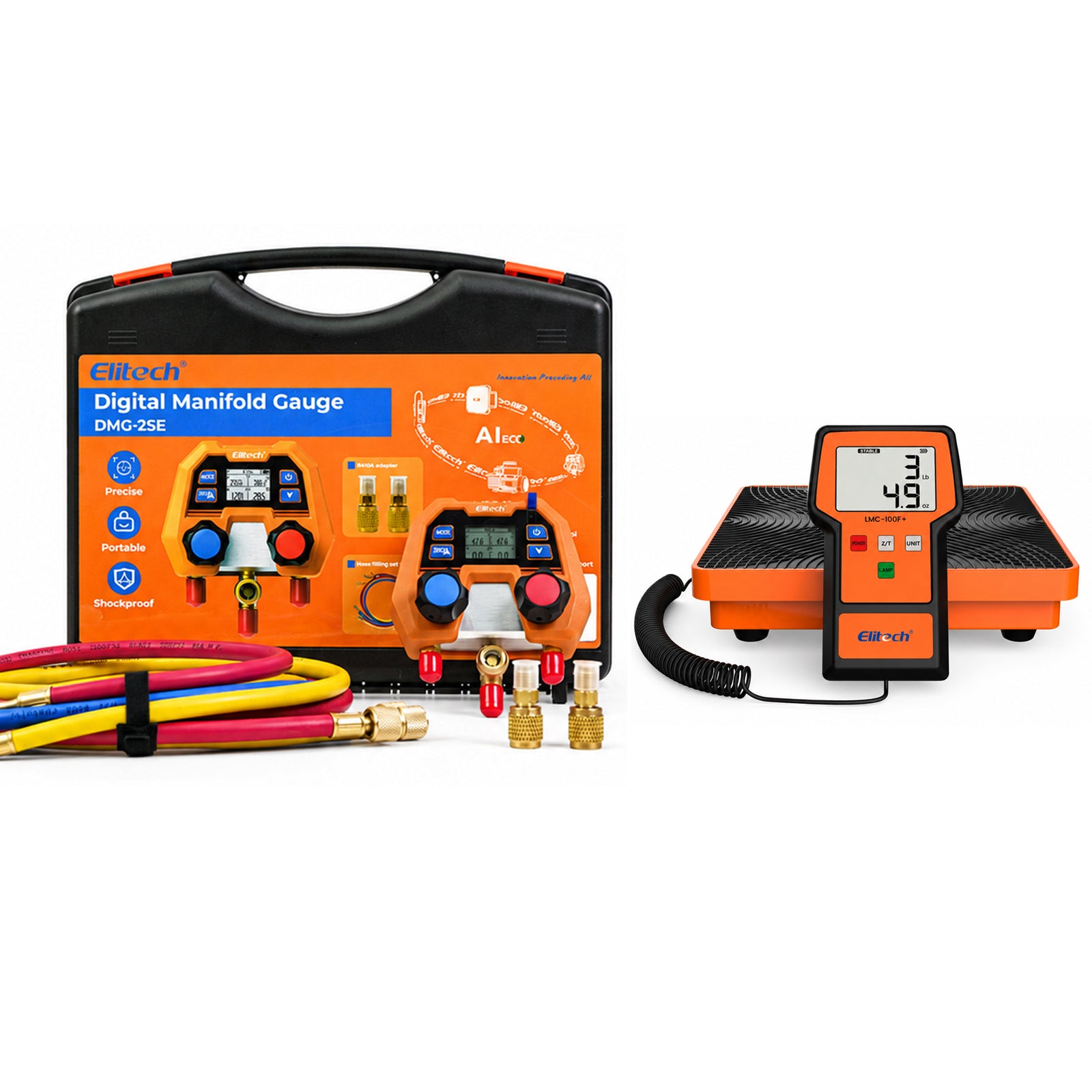 Elitech DMG-2SE-kit & LMC-100F+ Digital Manifold Gauge & Charging Recovery Scale 110Lbs/50Kg, Refrigerant Heat Pump, for HVAC