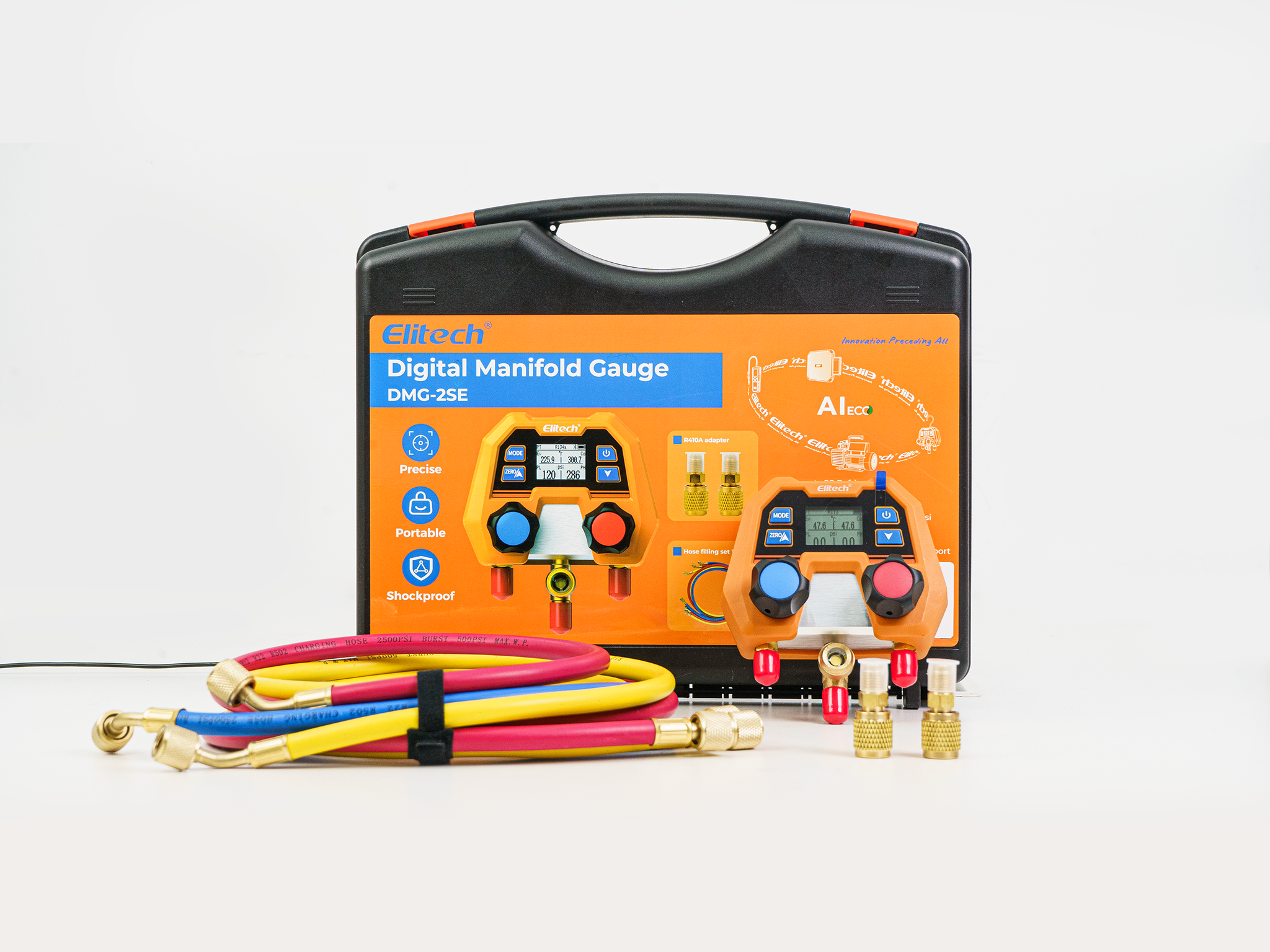 Elitech HVAC Tools Set D&E - WJL-6000S Refrigerant Leak Detector & LMC-100F+ Refrigerant Scale & DMG-2SE-kit Digital Manifold Gauge & NVP-3/NVP-5 Vacuum Pump