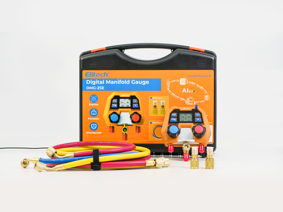 Detector de fugas de refrigerante Elitech HVAC Tools Set F - ELD-210 & Báscula de refrigerante LMC-100F+ & Manómetro digital para colector DMG-2SE-kit & Bomba de vacío NVP-5