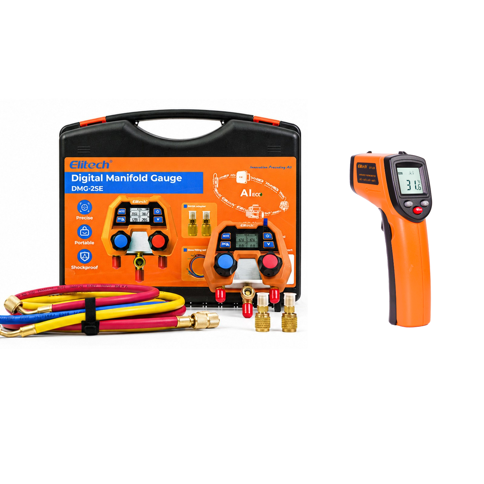 Elitech DMG-2SE-kit & DIT-220 Digital Manifold Gauge & Infrared Thermometer Non-Contact Temperature Gun with Laser Targeting, for HVAC, Refrigeration & AC Systems – Pressure & Temperature Measurement