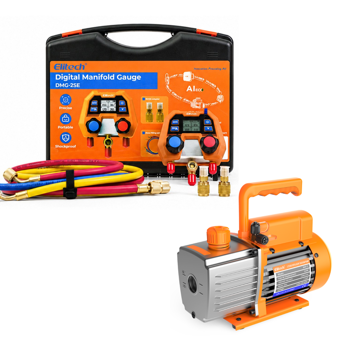 Elitech DMG-2SE-kit & NVP-5 Digital Manifold Gauge Kit & Vacuum Pump 220V 5CFM 2L/S 1/3HP Single Stage Rotary Vane Air, for HVAC, Refrigeration & AC Systems – Pressure & Temperature Measurement