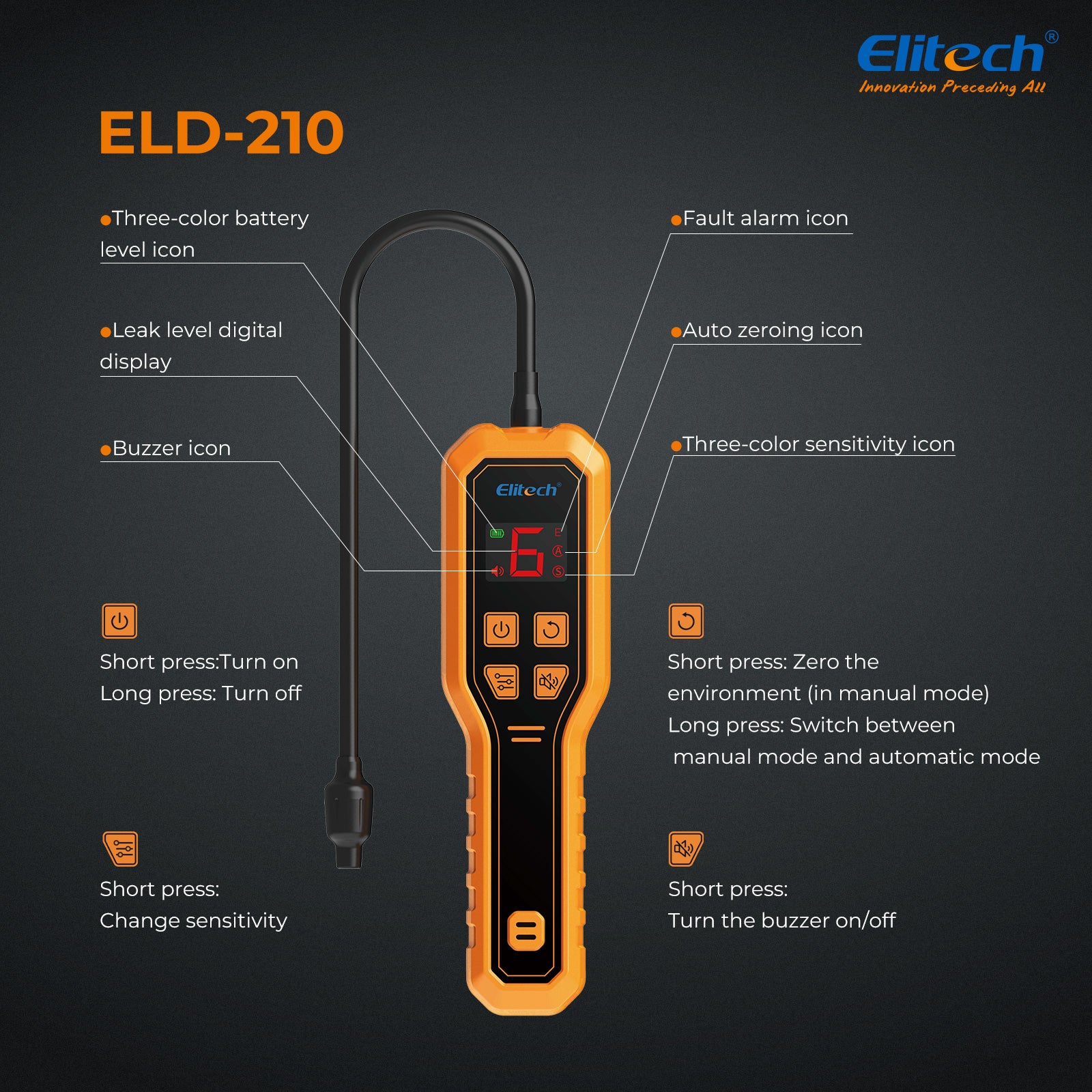 Elitech ELD-210 Heated Diode Portable Semiconductor Refrigerant Leak Detector - High Sensitivity, Dual Alarm, Ergonomic Design for Quick & Accurate Leak Detection