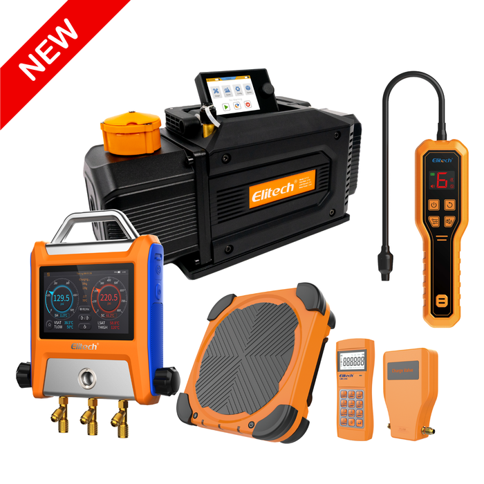 Elitech HVAC Tools Set - ELD-210 Refrigerant Leak Detector & LMC-310 Refrigerant Scale & EMG-20V Intelligent Manifold gauge & SVP-DC Smart Cordless Vacuum Pump A2L Compatible