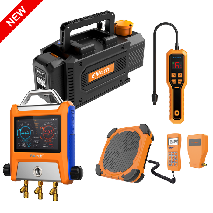 Juego de herramientas Elitech HVAC - Detector de fugas de refrigerante ELD-210 & Báscula de refrigerante LMC-310 & Manómetro inteligente EMG-20V & Bomba de vacío inalámbrica inteligente SVP-DC Compatible con A2L