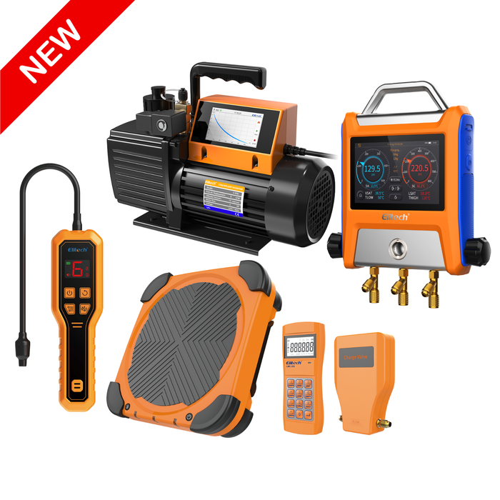 Elitech Ensemble d'outils CVC A – Détecteur de fuite de réfrigérant LD-100+, balance de réfrigérant LMC-100F+, jauge de collecteur numérique DMG-4B et pompe à vide intelligente SVP-7